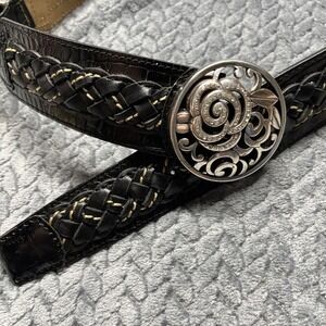 Brighton Black Leather Concho Belt Size‎ 30 Silver Rose Scroll Buckles Western
